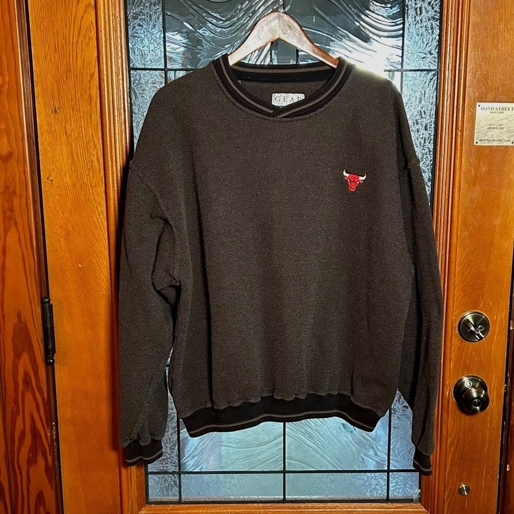 VTG 90s Chicago Bulls Sweater X LGray Black Brown Textured Pullover EUC GEAR